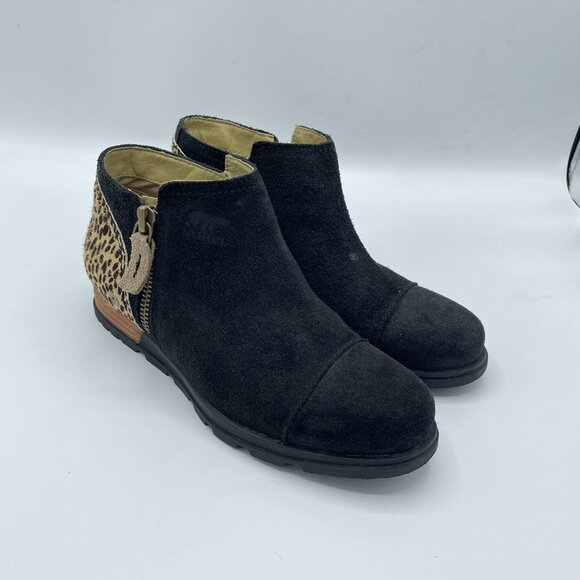 SOREL Boots Suede Leather Side Zip Ankle Booties Black/Tan Animal Women's 7.5 - Picture 2 of 12